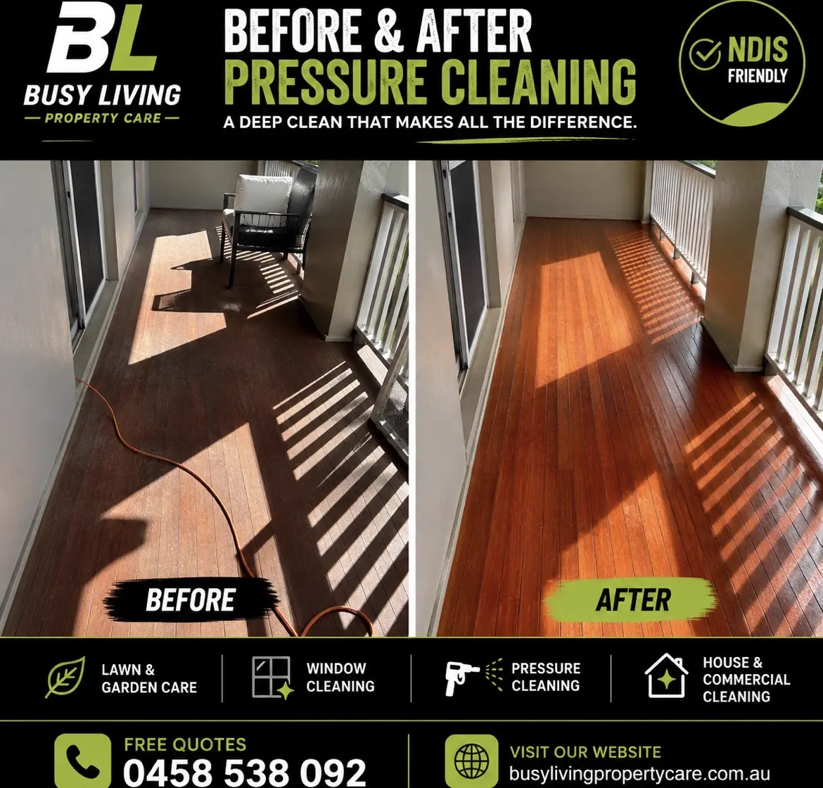 Before and after pressure cleaning a timber balcony deck