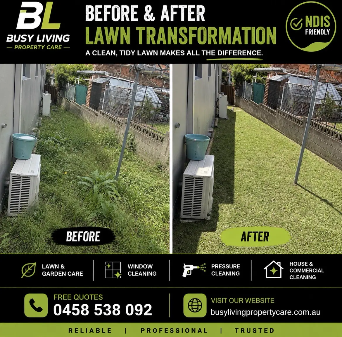 Before and after clearing and mowing an overgrown side yard
